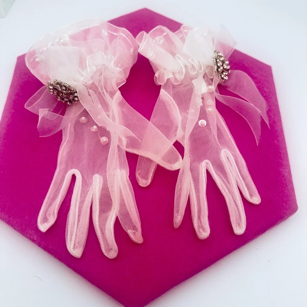 Vintage Bridal Gloves Ruffle & Faux Pearls